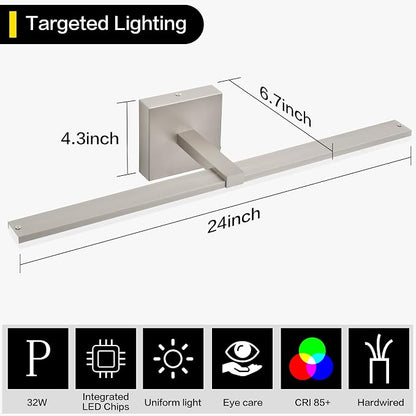 24 Inch Vanity Lights for Bathroom Brushed Nickel Over Cabinet Arm Wide LED Bar 18W 1440lm 6000K