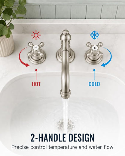 gotonovo Bathroom Faucet 3 Hole Vintage, Brushed Nickel, H C Label | Widespread Bathroom Sink Faucet 8 Inch 2 Cross Handles,Pop Up Drain,cUPC Supply Line,4-15.7” Install,for Vanity Farmhouse RV