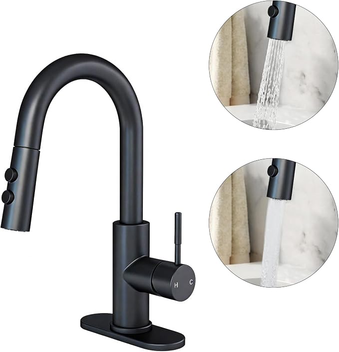 Bathroom Faucets with Pull Down Sprayer, Bar Sink Faucet Single Hole for Kitchen Campers with Pop-Up Drain Hose, Suitable for Farmhouse Vanity Lavatory