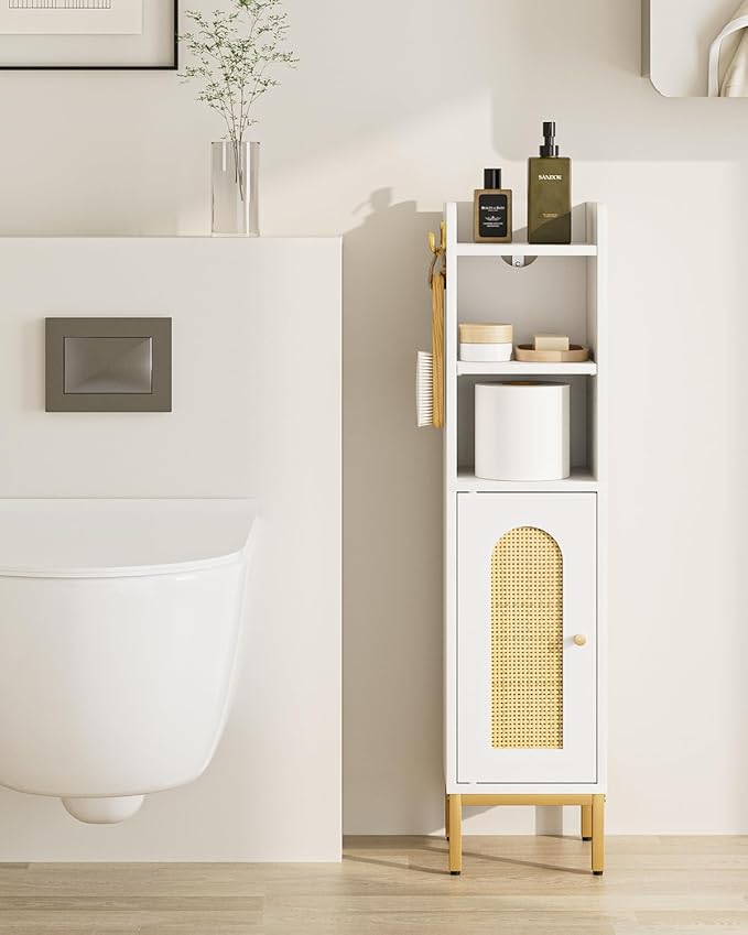 Bathroom Storage Cabinet, Small Corner Floor Hutch with Door and Shelves, Narrow Toilet Paper Cabinet, Bathroom Organizer with Adjustable Shelf, for Small Spaces (Classic-Rattan, White)