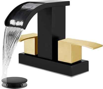 gotonovo Waterfall 4 Inch Centerset Bathroom Sink Faucet 2 Handle Basin Faucets 2 or 3 Hole Deck Mount with Pop Up Drain Included Lavatory Modern Mixer Tap Vanity Faucet Matte Black & Brushed Gold