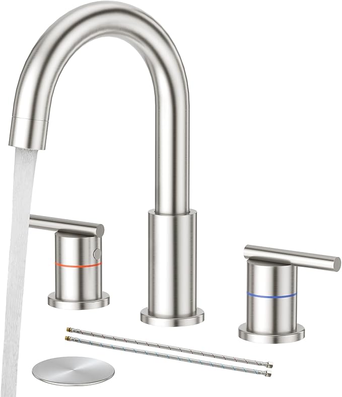 Faustina 3 Hole Bathroom Faucet, Brushed Bathroom Faucets for Sink 3 Hole/Double-Handle/8-Inch Widespread Bathroom Faucet, Stainless Steel Bathroom Vanity Faucet(Pop Up Drain/Supply Line), Brushed