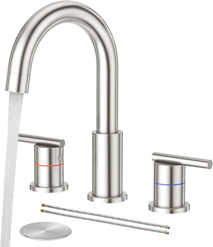Faustina 3 Hole Bathroom Faucet, Brushed Bathroom Faucets for Sink 3 Hole/Double-Handle/8-Inch Widespread Bathroom Faucet, Stainless Steel Bathroom Vanity Faucet(Pop Up Drain/Supply Line), Brushed