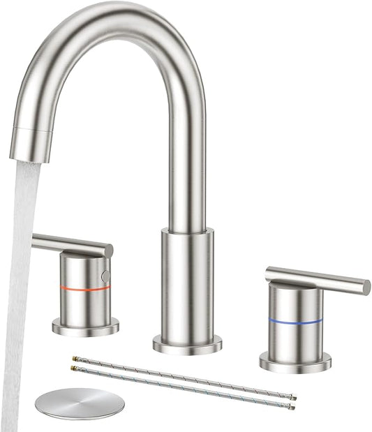 Faustina 3 Hole Bathroom Faucet, Brushed Bathroom Faucets for Sink 3 Hole/Double-Handle/8-Inch Widespread Bathroom Faucet, Stainless Steel Bathroom Vanity Faucet(Pop Up Drain/Supply Line), Brushed