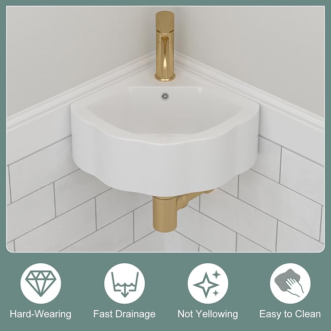 Corner Wall Mount Bathroom Sink | Beslend 17"x15" Inch White Ceramic Vessel Sink, Flower Shaped Bowl White Art Basin with Single Hole Small Space-Saving Sinks