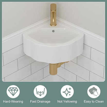 Corner Wall Mount Bathroom Sink | Beslend 17"x15" Inch White Ceramic Vessel Sink, Flower Shaped Bowl White Art Basin with Single Hole Small Space-Saving Sinks