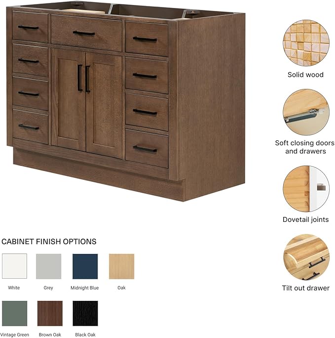 ARIEL Hepburn 48-inch Bathroom Vanity Base Cabinet,Solid Wood, 2 Soft Closing Doors, 9 Dovetail Drawers, Brown Oak