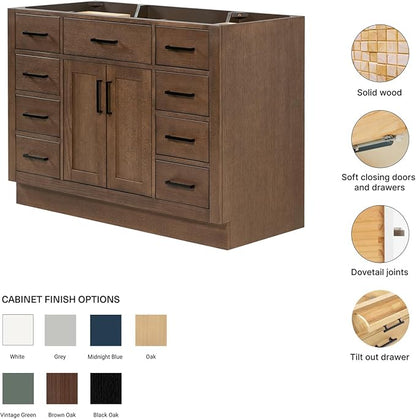 ARIEL Hepburn 48-inch Bathroom Vanity Base Cabinet,Solid Wood, 2 Soft Closing Doors, 9 Dovetail Drawers, Brown Oak