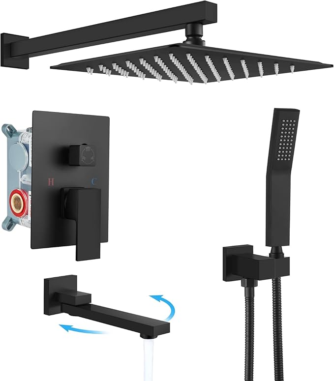 gotonovo Tub Shower Faucet Set with Valve Kit 10’’ Head,Matte Black | Shower System with Tub Spout,SUS304 Rain Head with Handheld Sprayer,Swivel Spout,All Metal,Rough-In Valve Trim Kit,Wall Mount