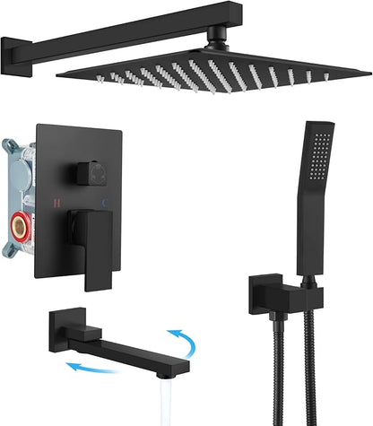 gotonovo Tub Shower Faucet Set with Valve Kit 10’’ Head,Matte Black | Shower System with Tub Spout,SUS304 Rain Head with Handheld Sprayer,Swivel Spout,All Metal,Rough-In Valve Trim Kit,Wall Mount