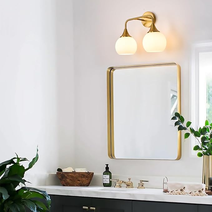 Gold Bathroom Light Fixtures 2-Lights Vanity Lights with Milk White Glass Shade Vanity Lights for Bathroom Modern Bathroom Wall Sconce(Exclude E26 Bulb)