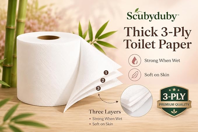 Premium & Soft Bamboo Toilet Paper | PFAS Free | 12 Mega Rolls, 3 ply & 350 Sheets | Non Toxic, Septic Safe, BPA Free | Tree Free Toilet Tissue | Plastic Free Packaging
