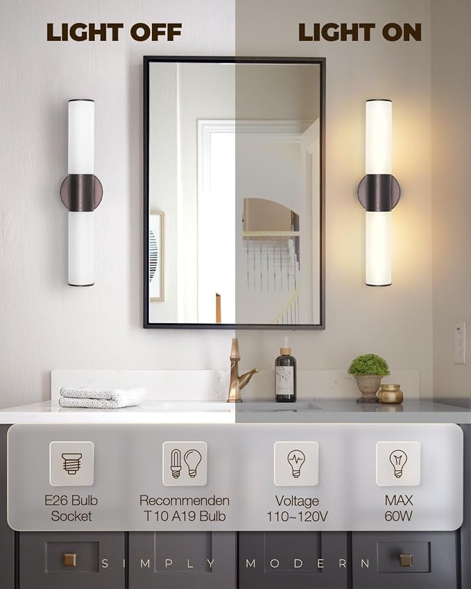 2-Light Bathroom Vanity Lighting Fixture, Oil Rubbed Bronze Wall Sconce with Opal White Glass, E26 Stocket Indoor Wall Lamp, Modern Mirror Light