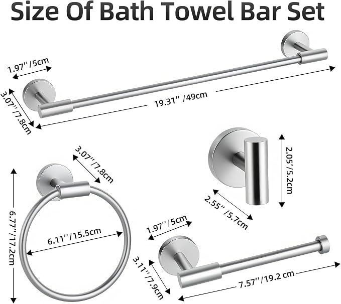 Brushed Nickel Bathroom Hardware Set 5 PCS, Towel Bar Set Brushed Nickel, Bathroom Accessories Fixtures Stainless Steel, Towel Racks for Bathroom, Bathroom Towel Holders, Towel Hooks & Rings, 19in