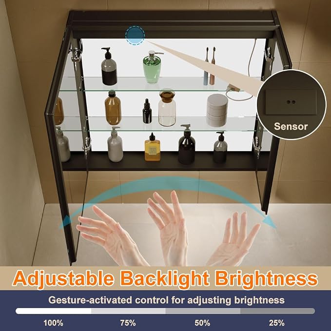 30x28 Inch Aluminum LED Bathroom Mirror Cabinet with Backlit Panel | Light Adjustment, Anti-Fog, Sockets&USBs, High Capacity, Easy to Install
