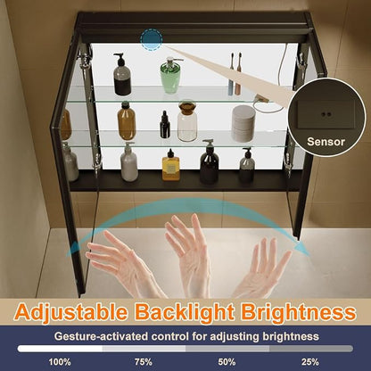 30x28 Inch Aluminum LED Bathroom Mirror Cabinet with Backlit Panel | Light Adjustment, Anti-Fog, Sockets&USBs, High Capacity, Easy to Install
