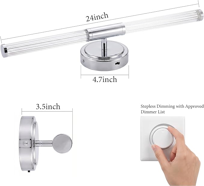 URSOLA 24" Modern LED Bathroom Light Fixtures, Chrome 3CCT Dimmable Bathroom Vanity Light Over Mirror, Bathroom Vanity Bath Bar Lights with 360° Removable Acrylic Light Tube
