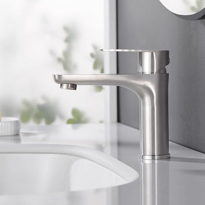 SUMERAIN Brushed Nickel Bathroom Sink Faucet Washbasin Faucet 304 Stainless Steel Single Hole Single Lever Handle