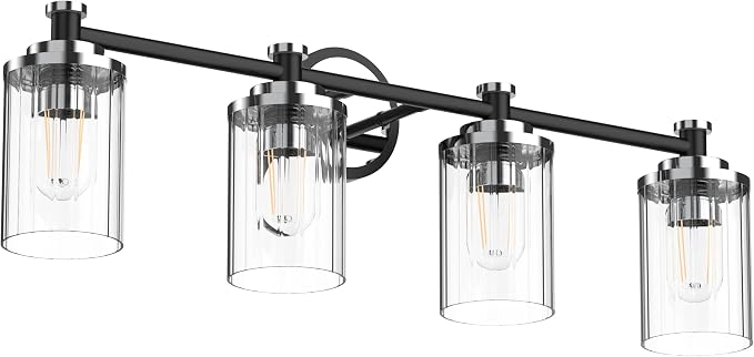 Bathroom Lighting Fixtures Black and Chrome Bathroom Vanity Light with Cylindrical Clear Stripes Glass Lampshade E26 Socket Base Bathroom Lighting Fixtures Over Mirror (4 Lights)
