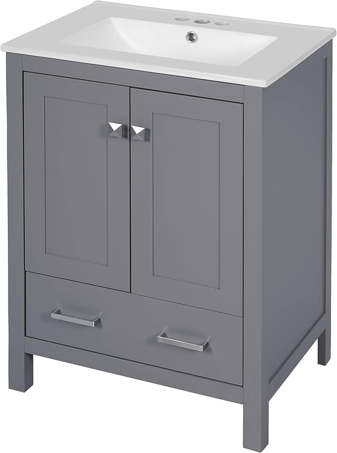 Favfurish 48" Bathroom Vanity with Ceramic Double Sink, Undermount Double Basin Vanity Set w/2 Divided Drawers and 4 Double-Layer Soft Close Doors & Built-in Shelf, Freestanding Storage Cabinet,Gray
