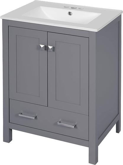 Favfurish 48" Bathroom Vanity with Ceramic Double Sink, Undermount Double Basin Vanity Set w/2 Divided Drawers and 4 Double-Layer Soft Close Doors & Built-in Shelf, Freestanding Storage Cabinet,Gray