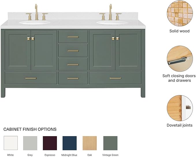 ARIEL Cambridge 72-inch Bathroom Vanity with Sink,Solid Wood, 1.5-inch Carrara White Quartz Countertop, Double Oval Porcelain Sink, 4 Soft Closing Doors, 6 Dovetail Drawers, Vintage Green