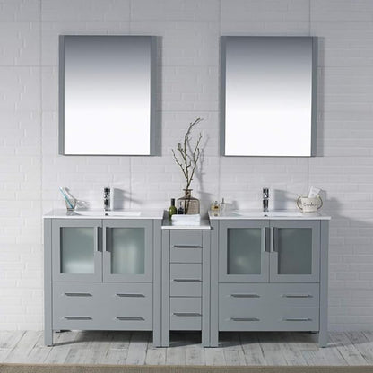Blossom 72" Solid Wood Double Sink Bathroom Vanity with Side Cabinet | Metal Grey Master Bath Furniture | Anti-Warp Painted Finish, Soft-Close Full Extension Drawers & Tempered Glass Modern Style