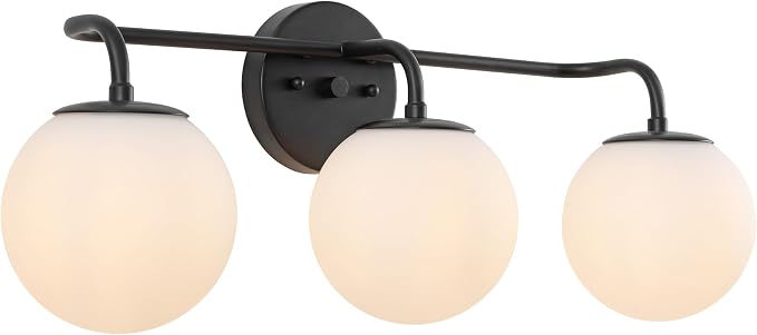 JONATHAN Y Louis Parisian Globe 25" Vanity 3-Light, Black | White Frosted Glass Shade, Midcentury Parisian Bistro Style, Metal Wall Lamp, Dimmable, Hardwired, LED Bulbs Included