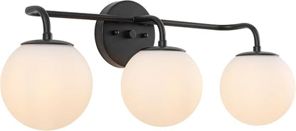JONATHAN Y Louis Parisian Globe 25" Vanity 3-Light, Black | White Frosted Glass Shade, Midcentury Parisian Bistro Style, Metal Wall Lamp, Dimmable, Hardwired, LED Bulbs Included