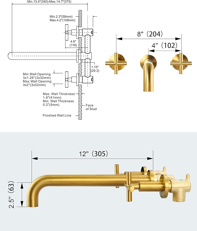 Wall Mount Tub Filler ARCORA Brushed Gold Bathtub Faucet Long Spout Reach, 2 Cross Handles Wall Mount Tub Faucet with Brass Rough in Valve Included