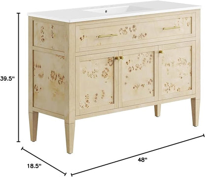 Modway Elysian 48" Wood Single Bathroom Vanity in White Burl with Ceramic Sink Basin
