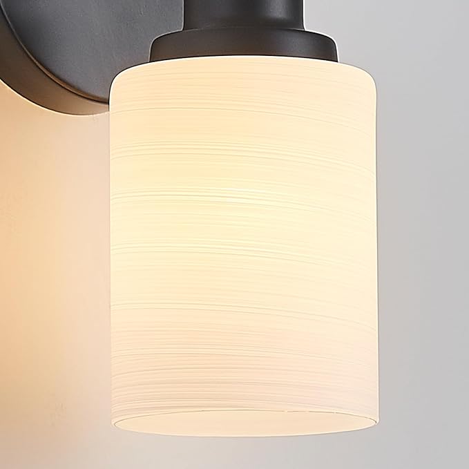 2-Light Vanity Lights, Black Bathroom Light Fixture with Striped Textured Milky White Glass Shade, Modern Vanity Lighting Fixture for Bathroom Wall Light Over Mirror, E26 Wall Sconce