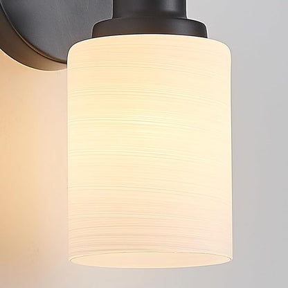 2-Light Vanity Lights, Black Bathroom Light Fixture with Striped Textured Milky White Glass Shade, Modern Vanity Lighting Fixture for Bathroom Wall Light Over Mirror, E26 Wall Sconce