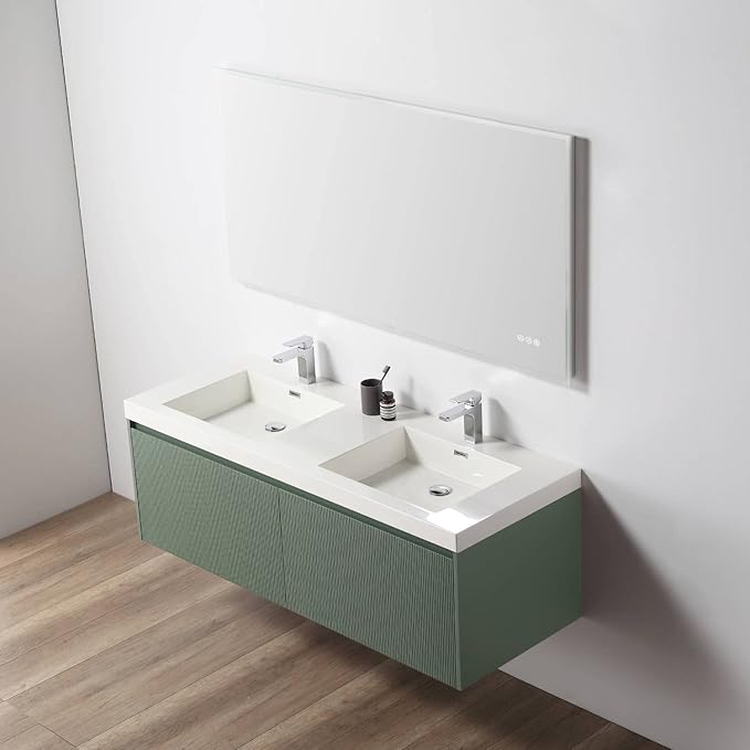 Blossom 60 Inch Double Sink Bathroom Vanity, All Wood Wall Mounted Floating Bathroom Vanity Cabinet with Acrylic Sink, Bathroom Sink Cabinet with Soft-Close Drawers, Modern Vanities, Aventurine Green