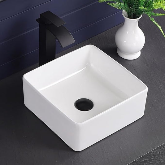 Vessel Sink 13"x13" Rectangular Bathroom Sink Modern White Porcelain Ceramic Above Counter Drop-in Vanity Sink for Bathrooms Art Basin