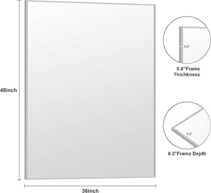 KOCUUY Silver Bathroom Mirror, 48"x36" Large Rectangle Bathroom Mirror for Wall, HD Tempered Glass, Anti-Rust Brushed Silver Frame, Modern Design for Bathroom, Bedroom, Hang Horizontal/Vertical