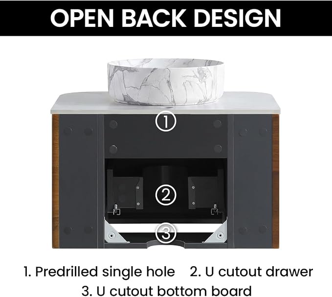 24" Preassembled Floating Bathroom Vanity with Carrara Finish Sink, Walnut | Mid-Century Modern Style, Fluted & Soft-Close Drawer with U-shaped Wall, Sinterted Stone Countertop, Towel Rack Included