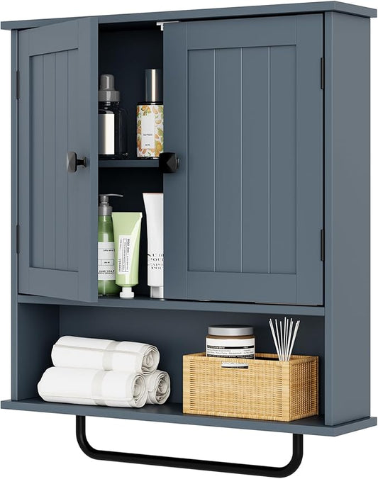 RRX Bathroom Cabinet Wall Mounted Medicine Cabinets with Towels Bar, Over The Toilet Storage Cabinet with 2 Doors and Adjustable Shelf, White Wall Cabinet for Bathroom Laundry Kitchen,Gray