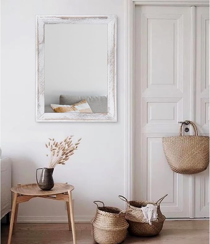 AAZZKANG Mirrors for Wall Rustic Wood Framed Hanging Mirror 26"x18" Decorative for Farmhouse Bedroom Bathroom Living Room Entryway Hallway White