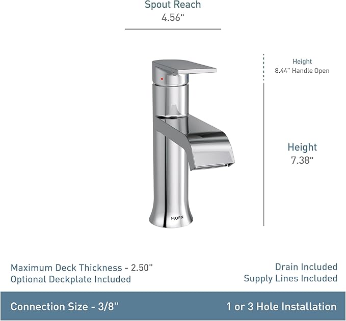 Moen Genta LX Chrome One-Handle Modern Bathroom Sink Faucet with Optional Deckplate and Low-Arc Spout for Bath Countertop, 6702