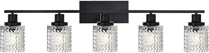 MELUCEE 5 Lights Black Bathroom Light Fixture Modern Light Fixtures | Wall Mounted Modern Vanity Lighting with Hammered Glass Shade Suitable for Bathroom Mirror Sink Cabinet
