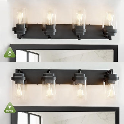 Black Bathroom Light Fixtures, 4 Lights Bathroom Lighting Fixtures Over Mirror, Square Design & Rectangle Large Backplate, Modern Vanity Lighting Fixtures, for Bathroom/Living Room/Bedroom