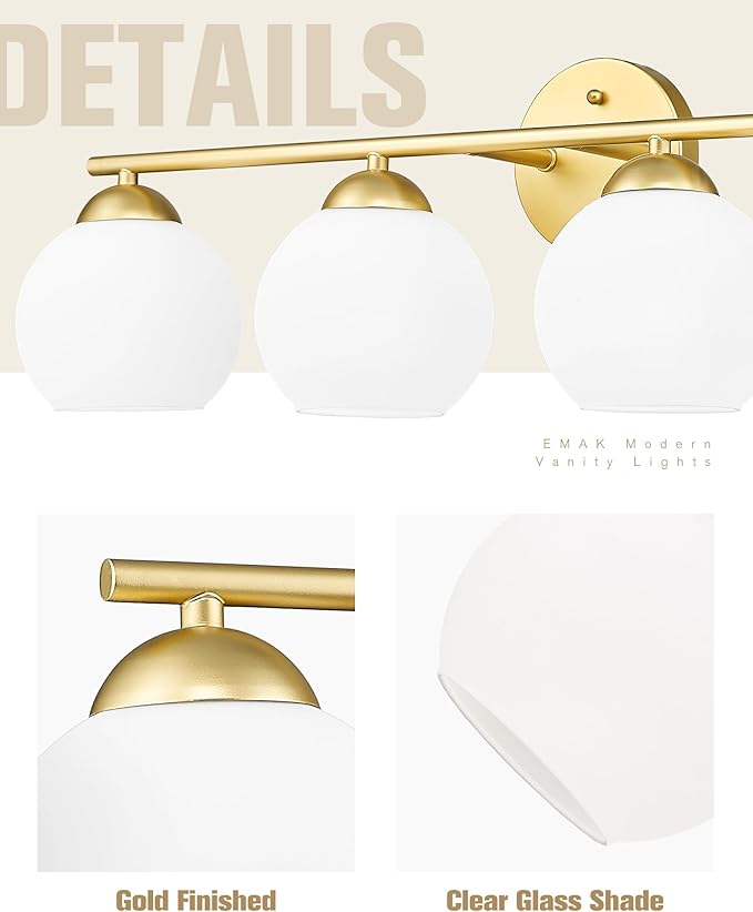Emak Modern Gold Bathroom Light Fixtures Over Mirror, 4 Light Bathroom Vanity Light with Milk Glass Shade, 29 Inch Globe Vanity Lights for Bathroom, Mirror, VL114-GD-ML-4