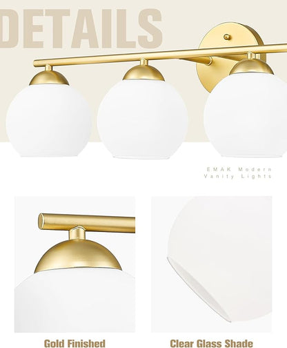 Emak Modern Gold Bathroom Light Fixtures Over Mirror, 4 Light Bathroom Vanity Light with Milk Glass Shade, 29 Inch Globe Vanity Lights for Bathroom, Mirror, VL114-GD-ML-4