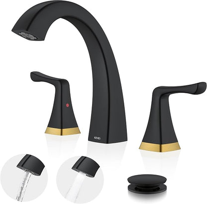 Black and Gold Bathroom Faucets for Sink 3 Hole 2 Handle Widespread | Bathroom Vanity Faucet with Pop Up Drain & Supply Lines, Lead-Free cUPC & NSF Certified, 8 Inch Faucet for Vanity RV Sink