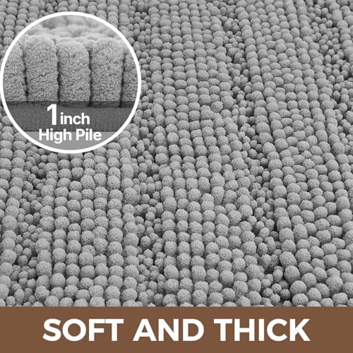 Bcoimo Bath Rug Mat,48x30 Chenille Non Slip Gray Long Bathroom Runner Rugs