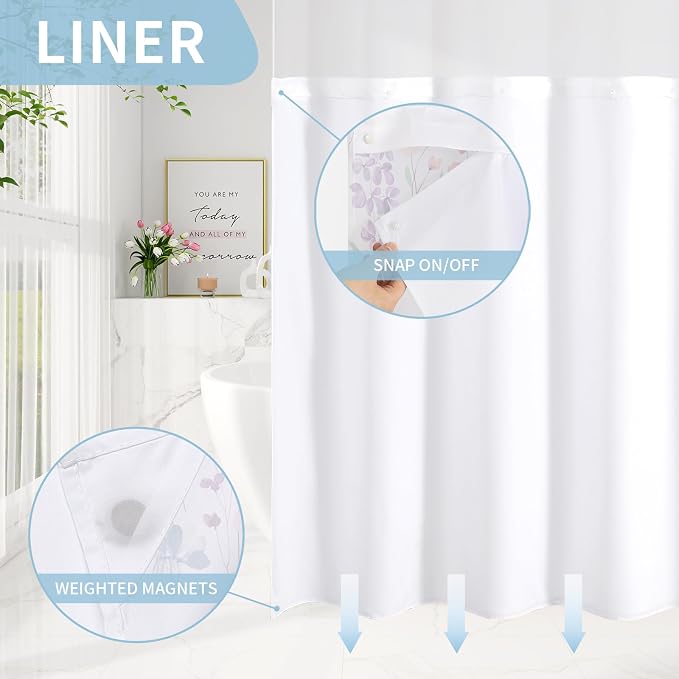 No Hook Colorful Watercolor Floral Shower Curtain and Liner Set, 72x74 | Spring Flower Shower Curtains with Snap-in Liner for Farmhouse Bathroom Decor, Botanical Bathroom Curtain with Leaves