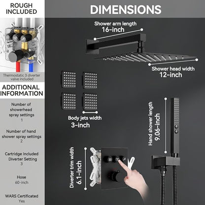 Shower System with Body Jets, STARBATH 12" Rain Shower with 2 in 1 Handheld and 4 Body Jets, Can Use All at Once, Push Button Thermostatic Valve and Trim Kit Complete Shower Faucets Sets, Matte Black