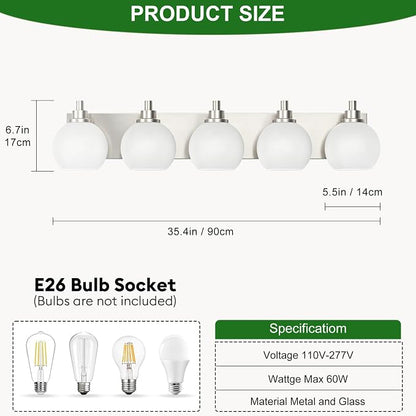 IZORRO Bathroom Light Fixtures, 5-Light Brushed Nickel Vanity Light, Modern Wall Sconces with Globe Milk White Glass Shade, Vanity Lighting Fixtures Over Mirror,E26 Bulb Socket