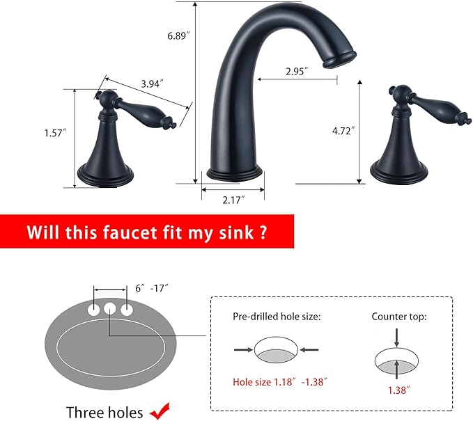 SaniteModar Matte Black Bathroom Sink Faucet,Brass Bathroom Faucet 3 Hole,Widespread Bathroom Faucet for Sink 3 Hole,2 Handles Design with Water Supply Lines
